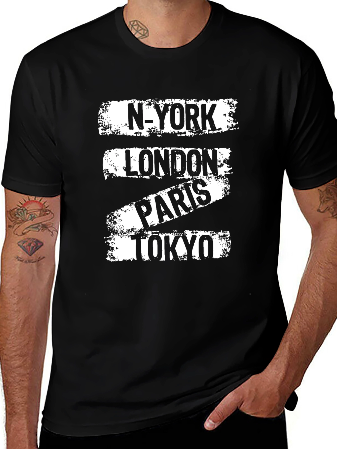 Variant 25 of Global City T-Shirt: New York, London, Paris, Tokyo Black Tee