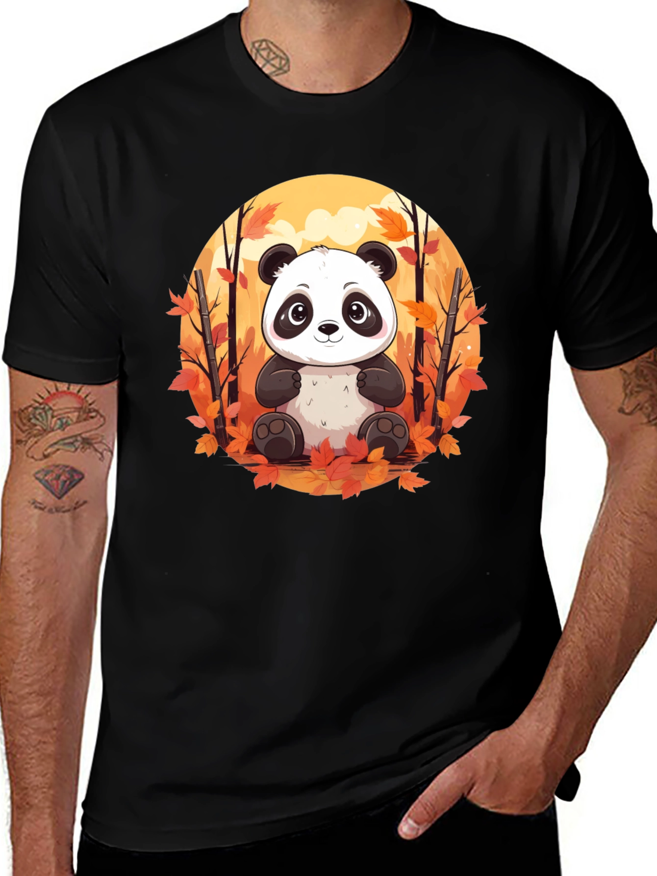 Black Panda Autumn Leaves Black T-Shirt main image