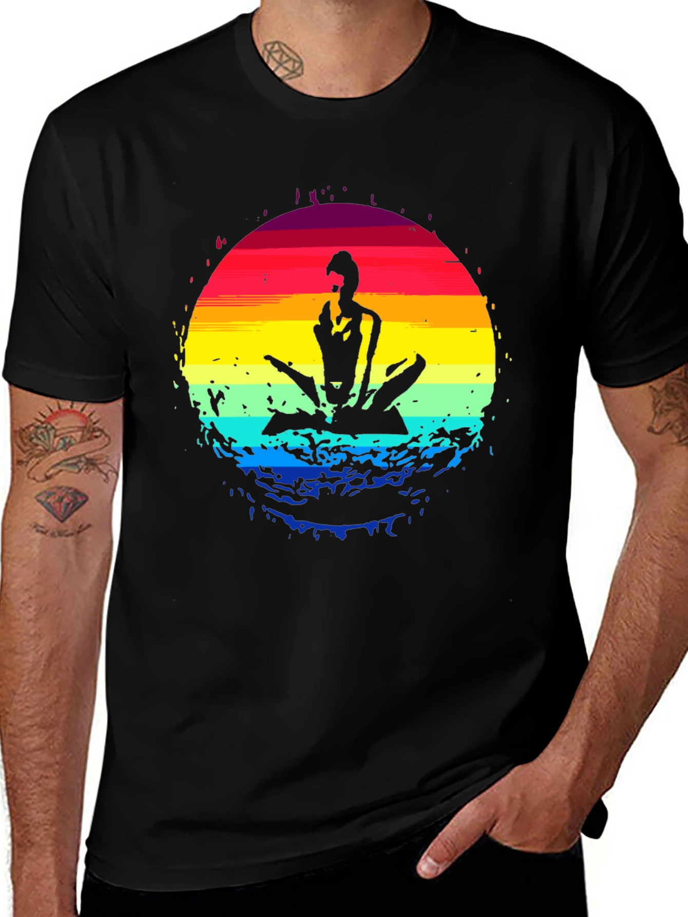 Variant 3 of Yoga Sunset Graphic Tee - Black Cotton Blend Shirt