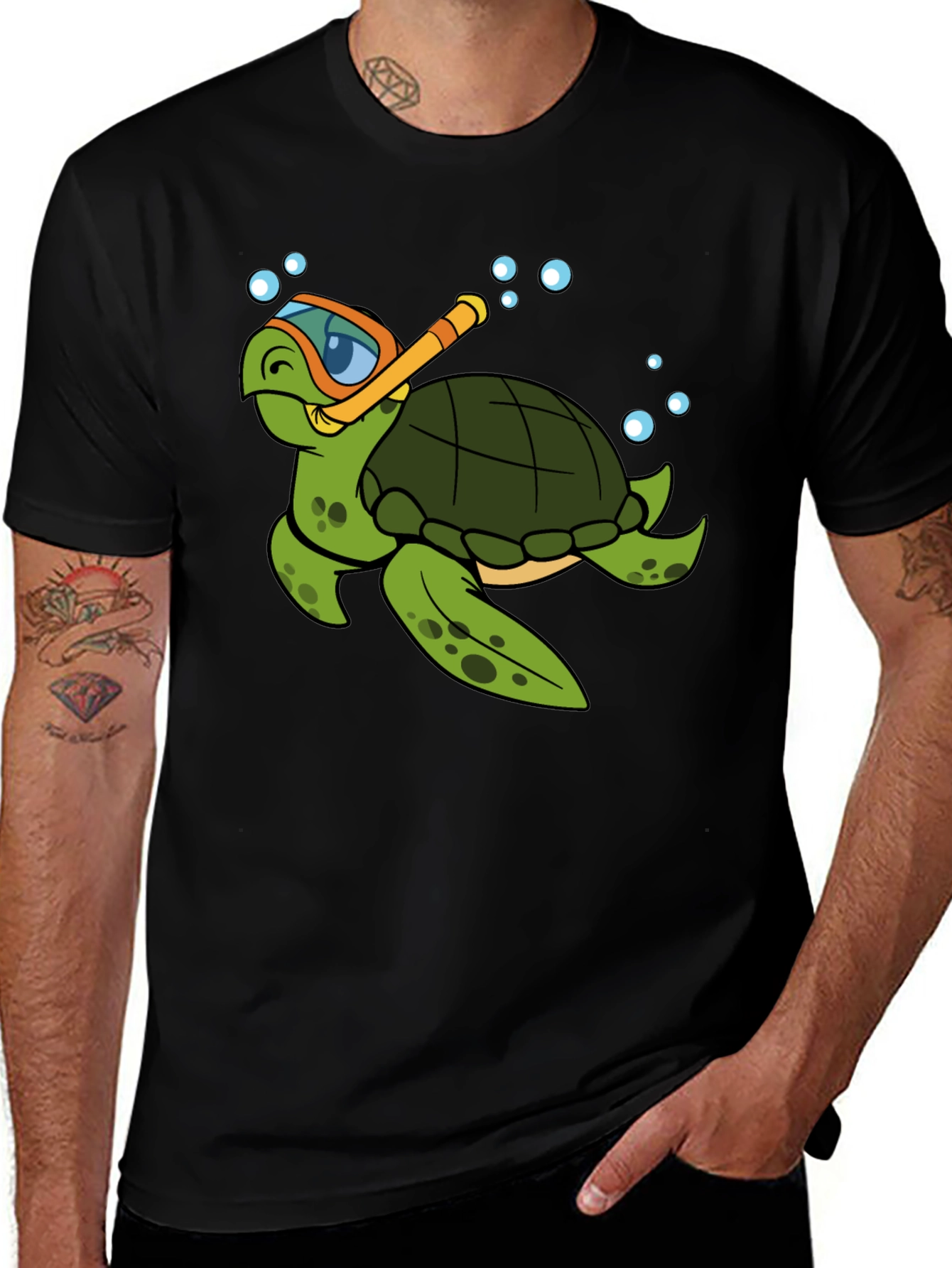 Variant 28 of Snorkeling Turtle Graphic Tee - Black Cotton Shirt