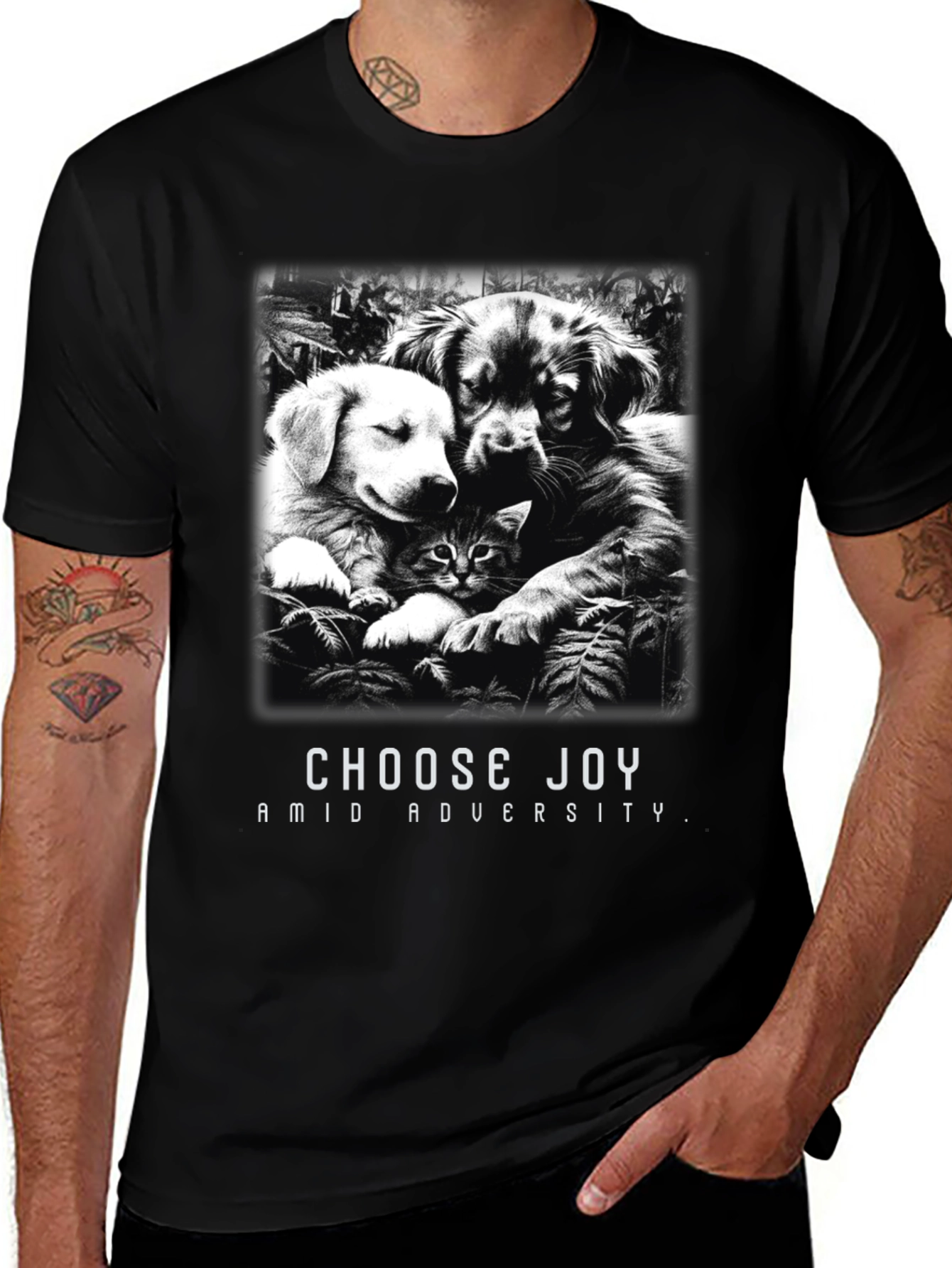 Variant 13 of Choose Joy T-Shirt - Dogs, Cat, and Forest Design