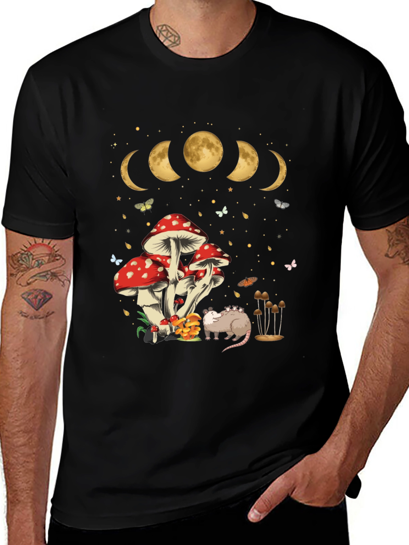 Black Mushroom Moon Phase Opossum Graphic Tee main image