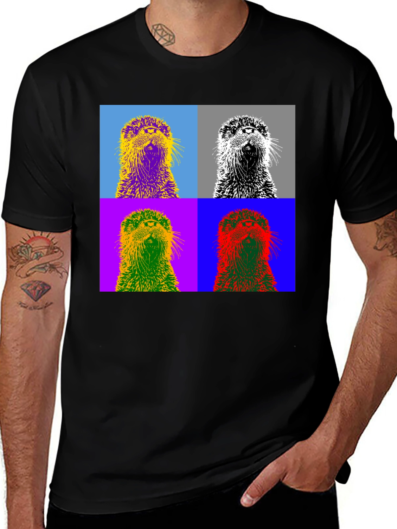 Black Pop Art Otter Graphic Tee - Black Cotton T-Shirt main image