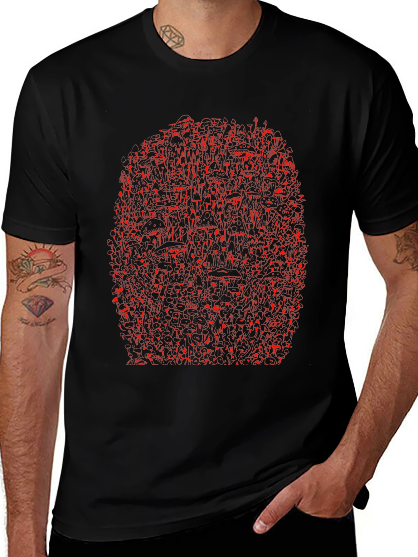 Unique Red Abstract Print Black Crewneck T-Shirt