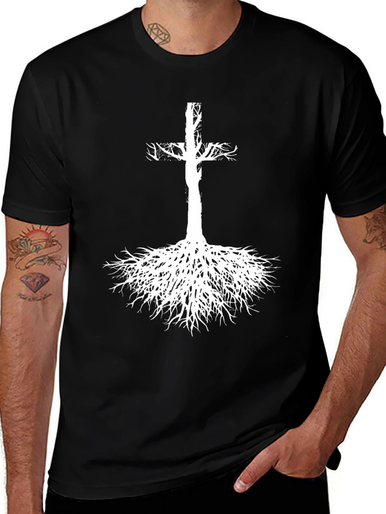 Variant 16 of Cross Tree Roots Black T-Shirt - Graphic Tee