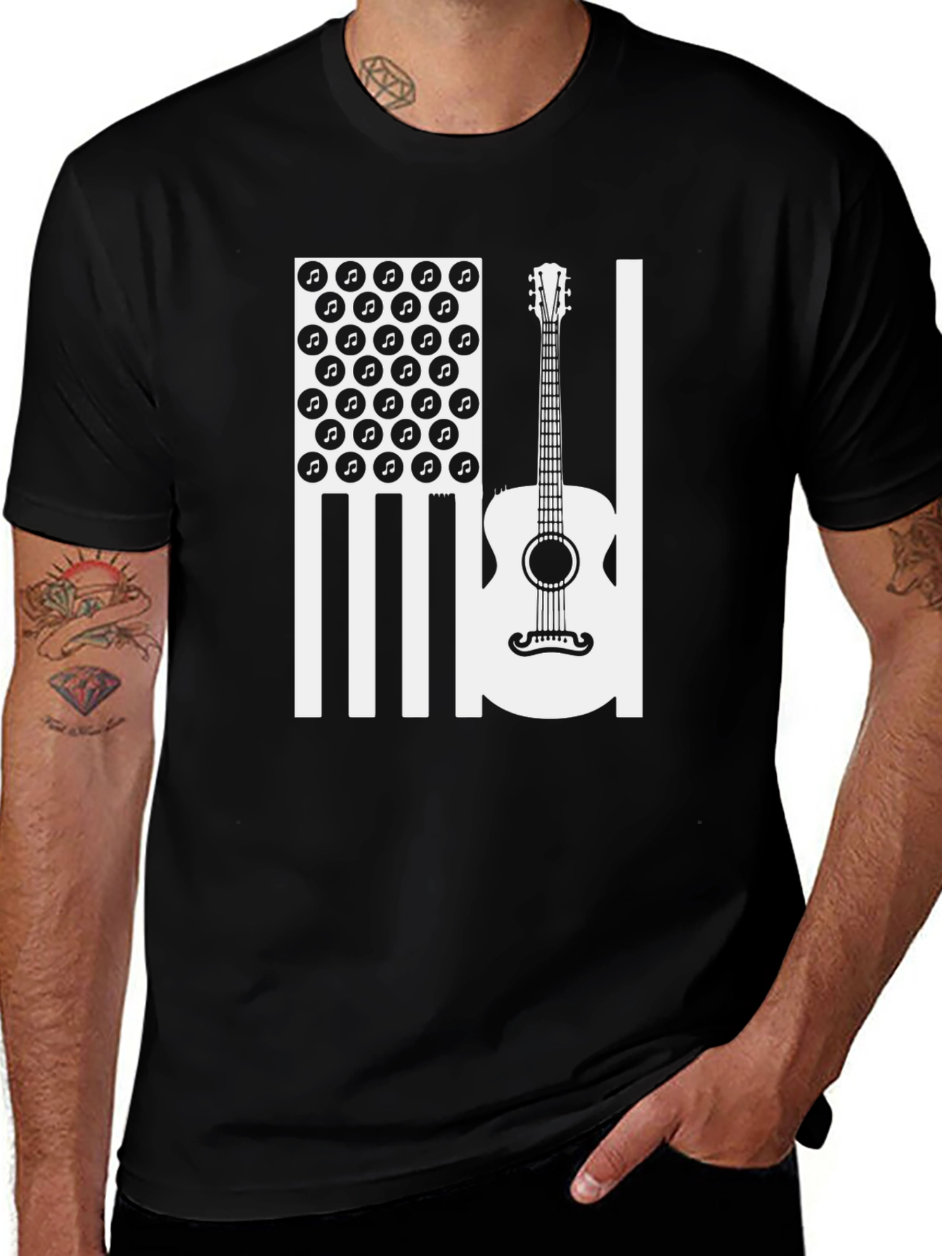 Variant 13 of Acoustic Guitar American Flag Music Note Graphic Tee