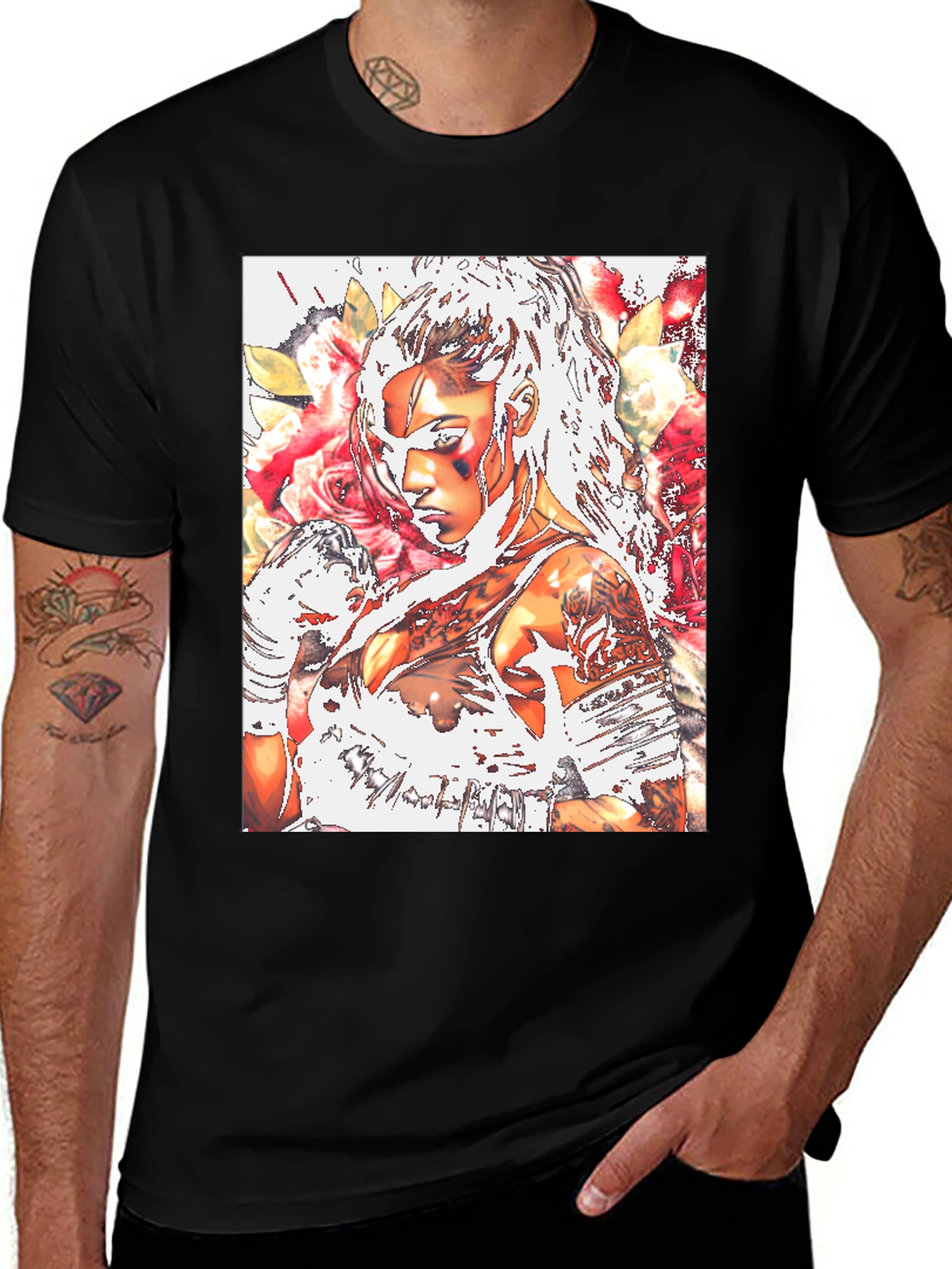 Variant 26 of Woman Tattoo Flower Graphic Black T-Shirt