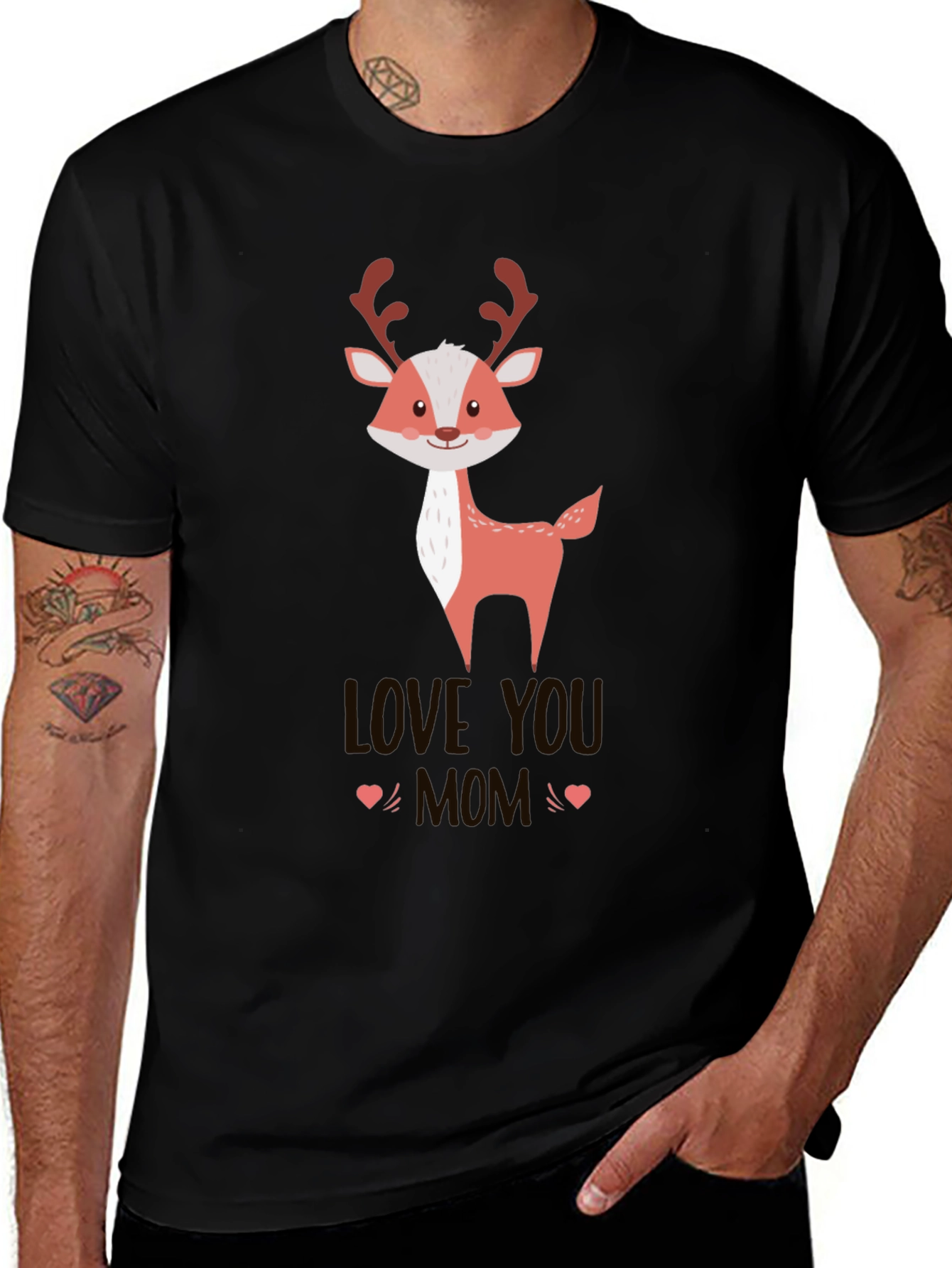 Variant 27 of Cute Reindeer "Love You Mom" Black T-Shirt