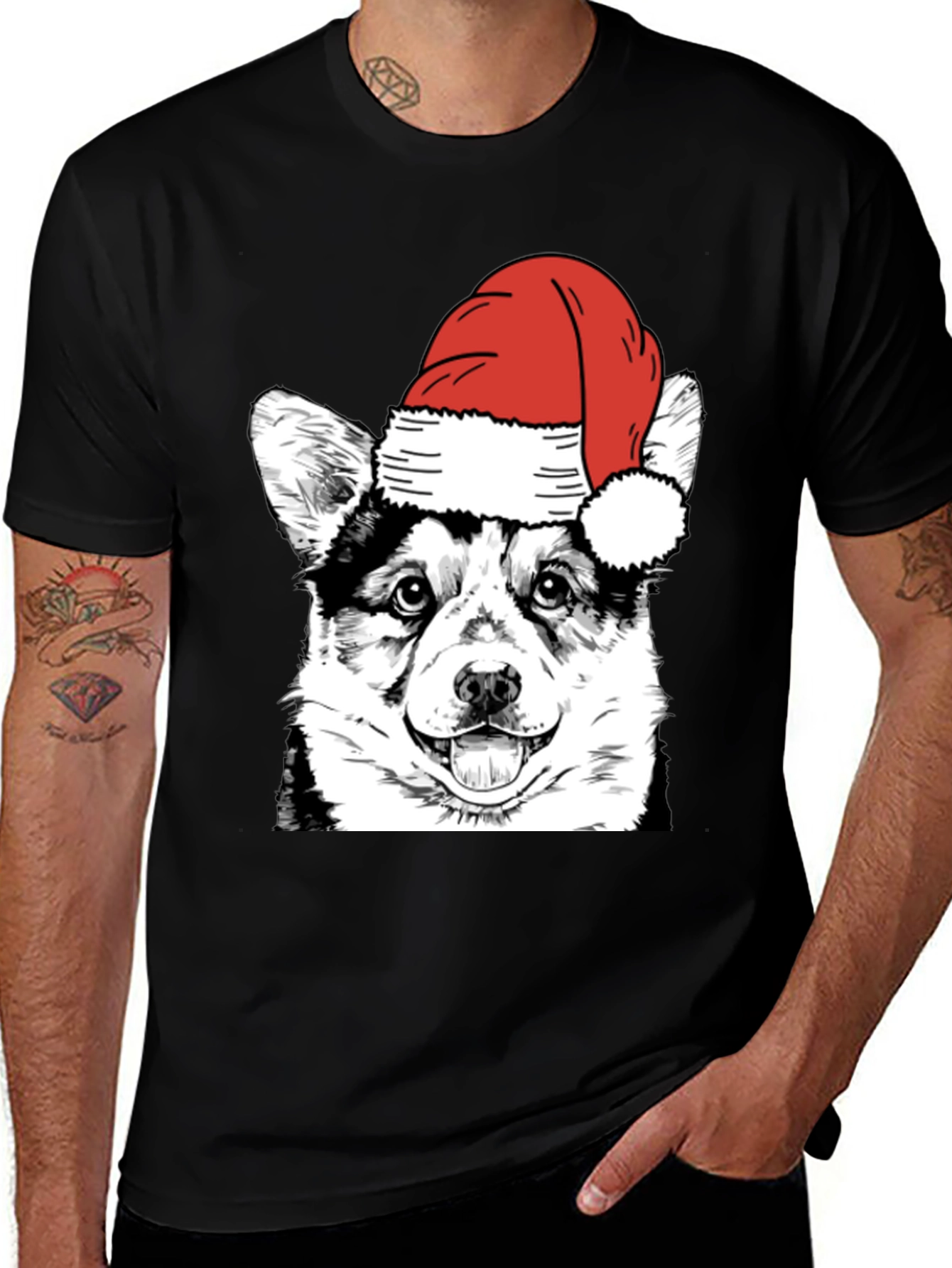 Variant 27 of Festive Corgi Santa Hat Black T-Shirt