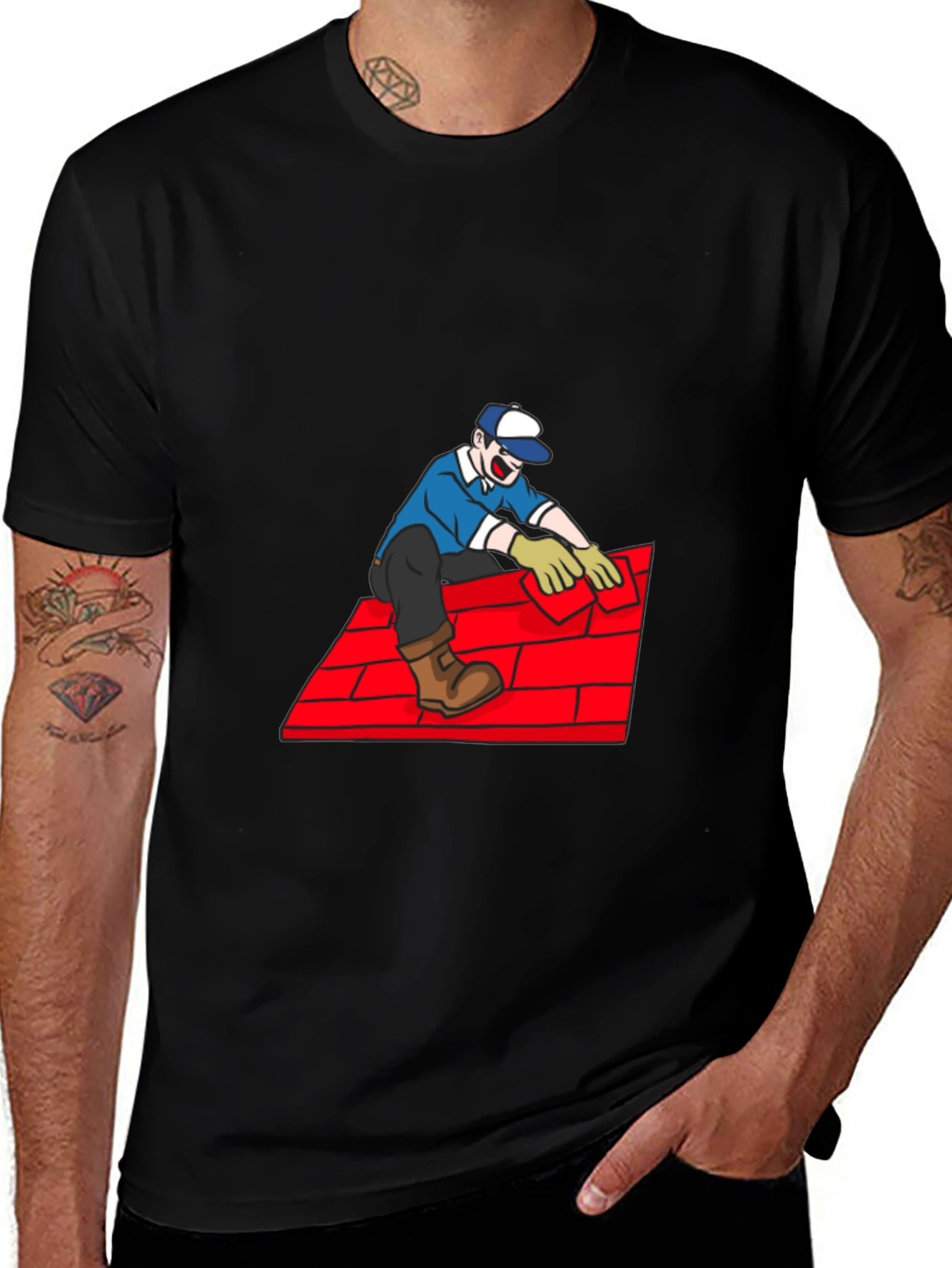 Roofer Cartoon Graphic Tee - Black