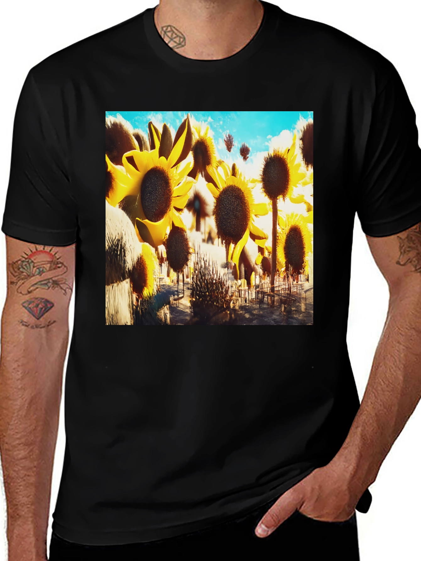 Variant 16 of Sunflower Field Graphic Tee - Black Cotton T-Shirt