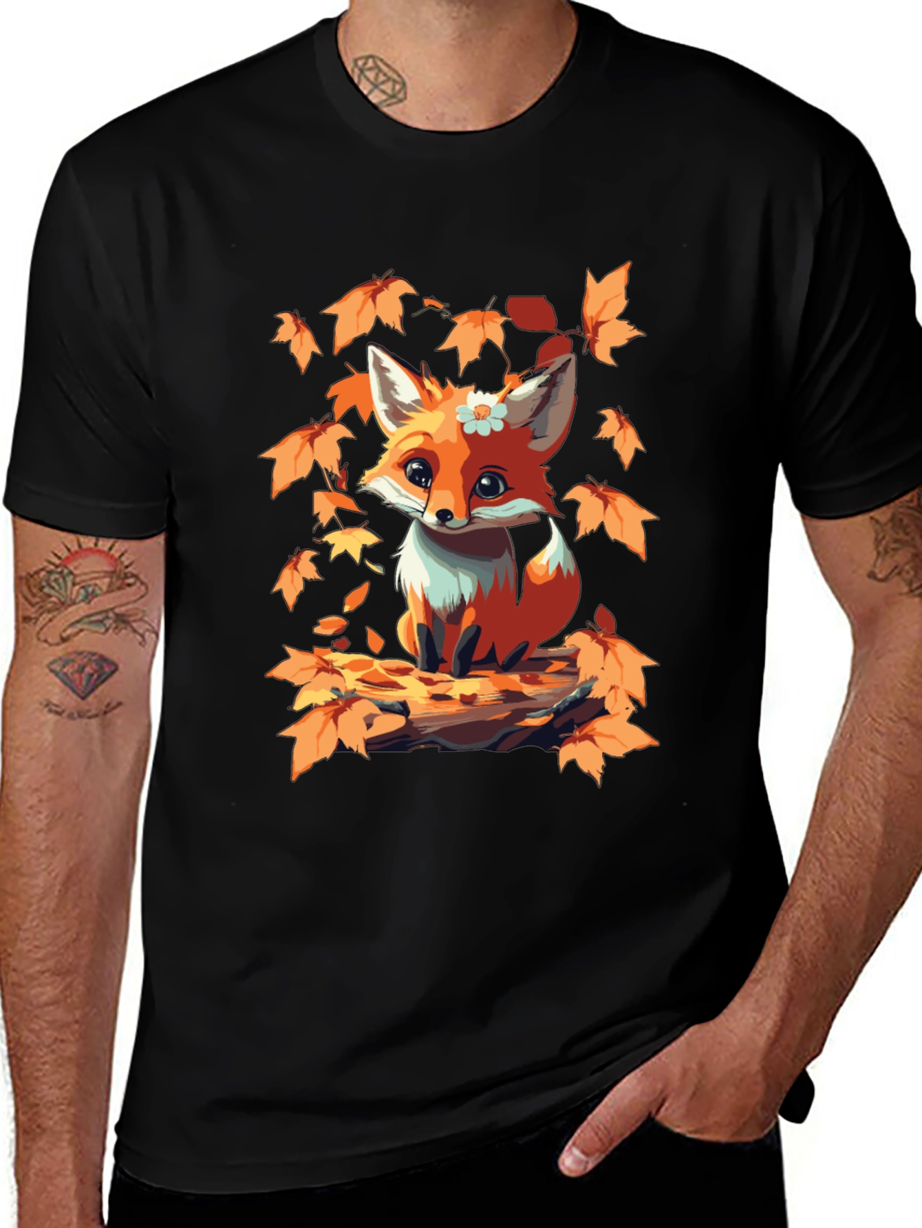 Variant 28 of Cute Fox Autumn Leaves Black T-Shirt