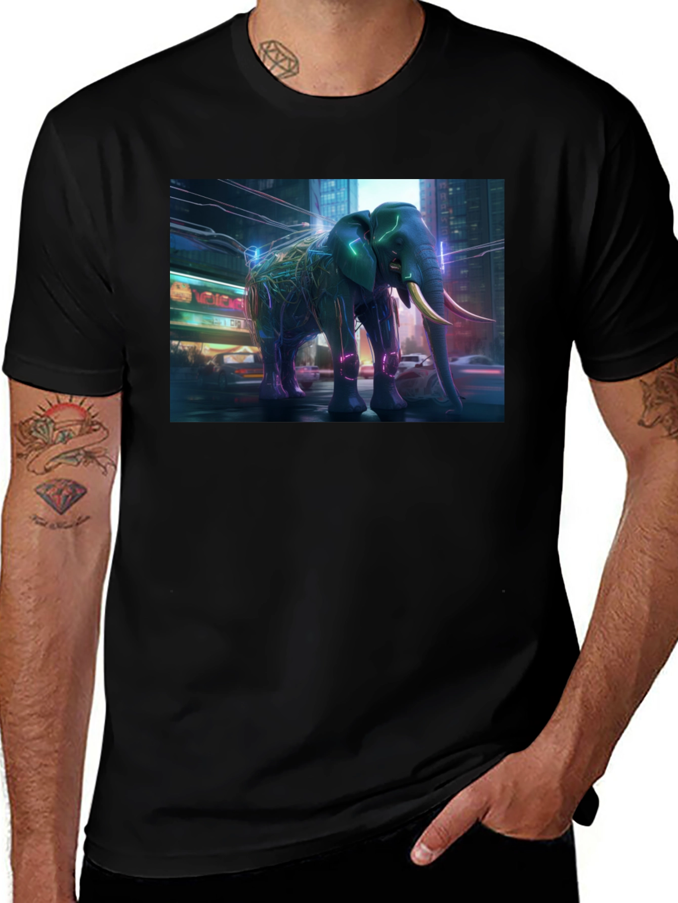 Variant 23 of Neon Elephant Graphic Tee - Black Cotton Blend