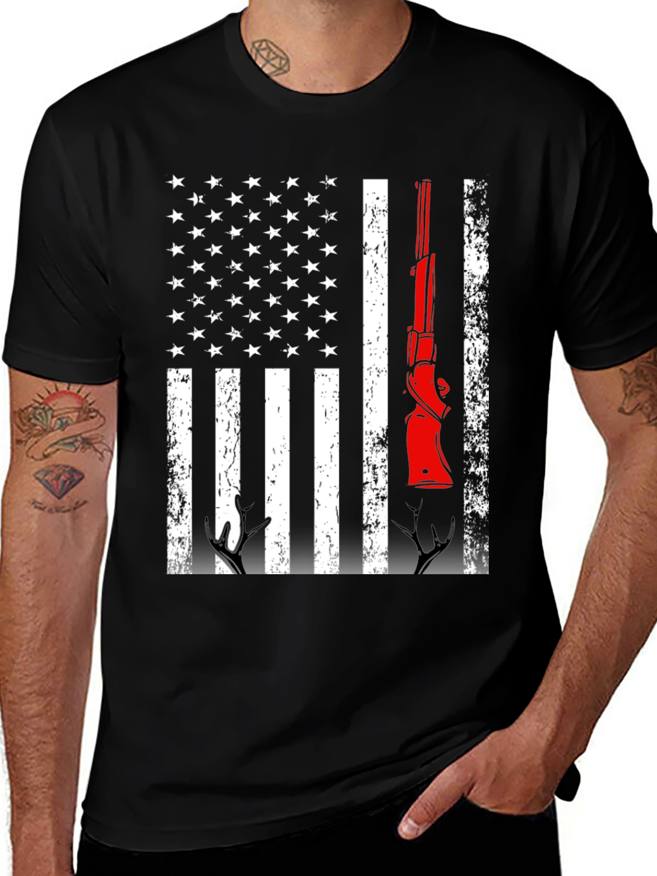 Variant 29 of Patriotic Hunting T-Shirt American Flag Gun Deer Antlers