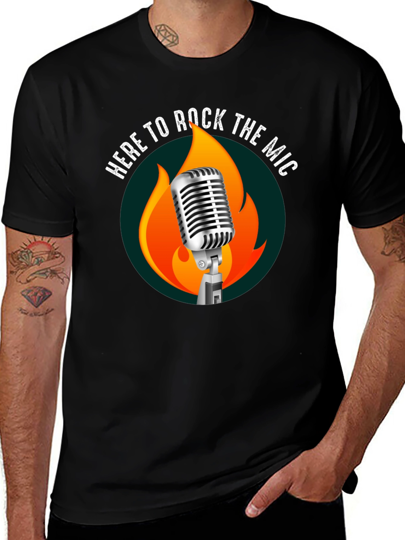 Rock the Mic Graphic Tee - Retro Microphone & Flames Design