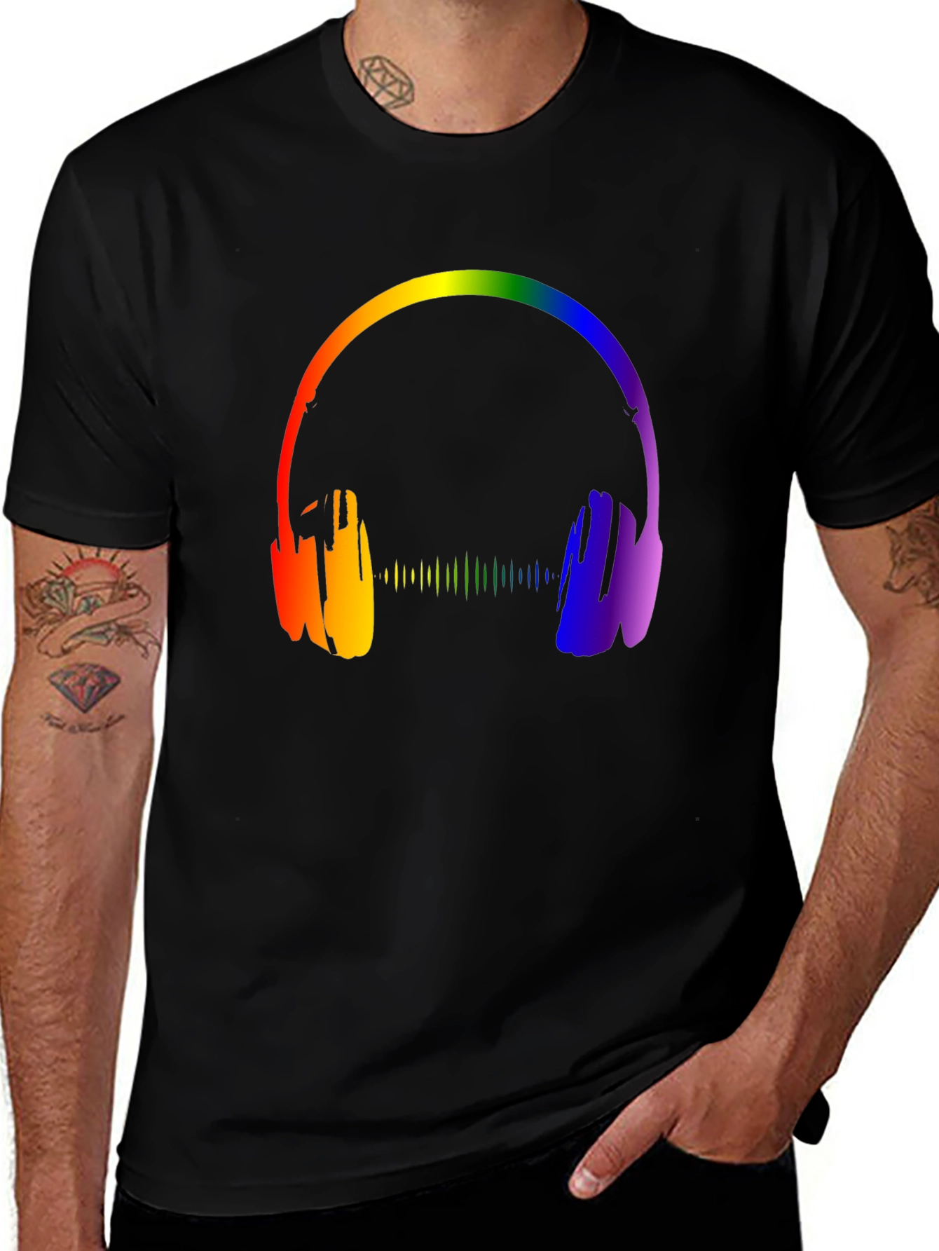 Variant 29 of Rainbow Headphones Graphic Black T-Shirt
