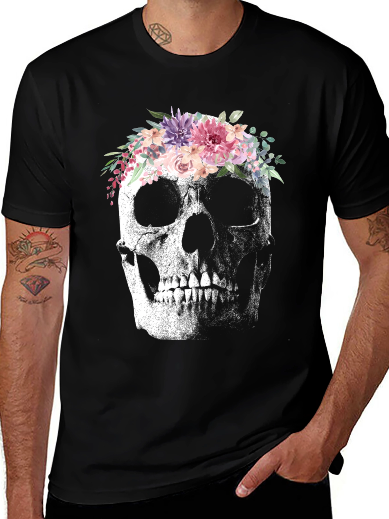 Variant 19 of Floral Crown Skull Graphic Tee - Black