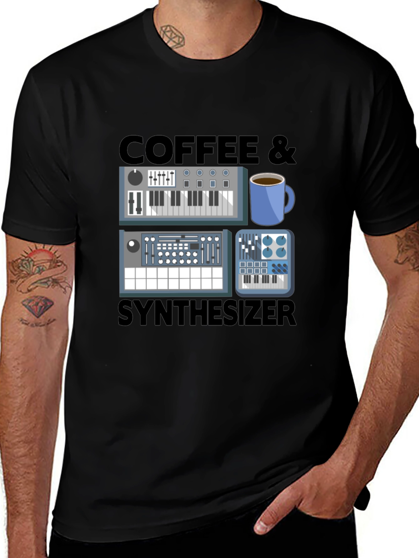 Variant 5 of Coffee & Synthesizer Graphic Tee - Music Lover T-Shirt