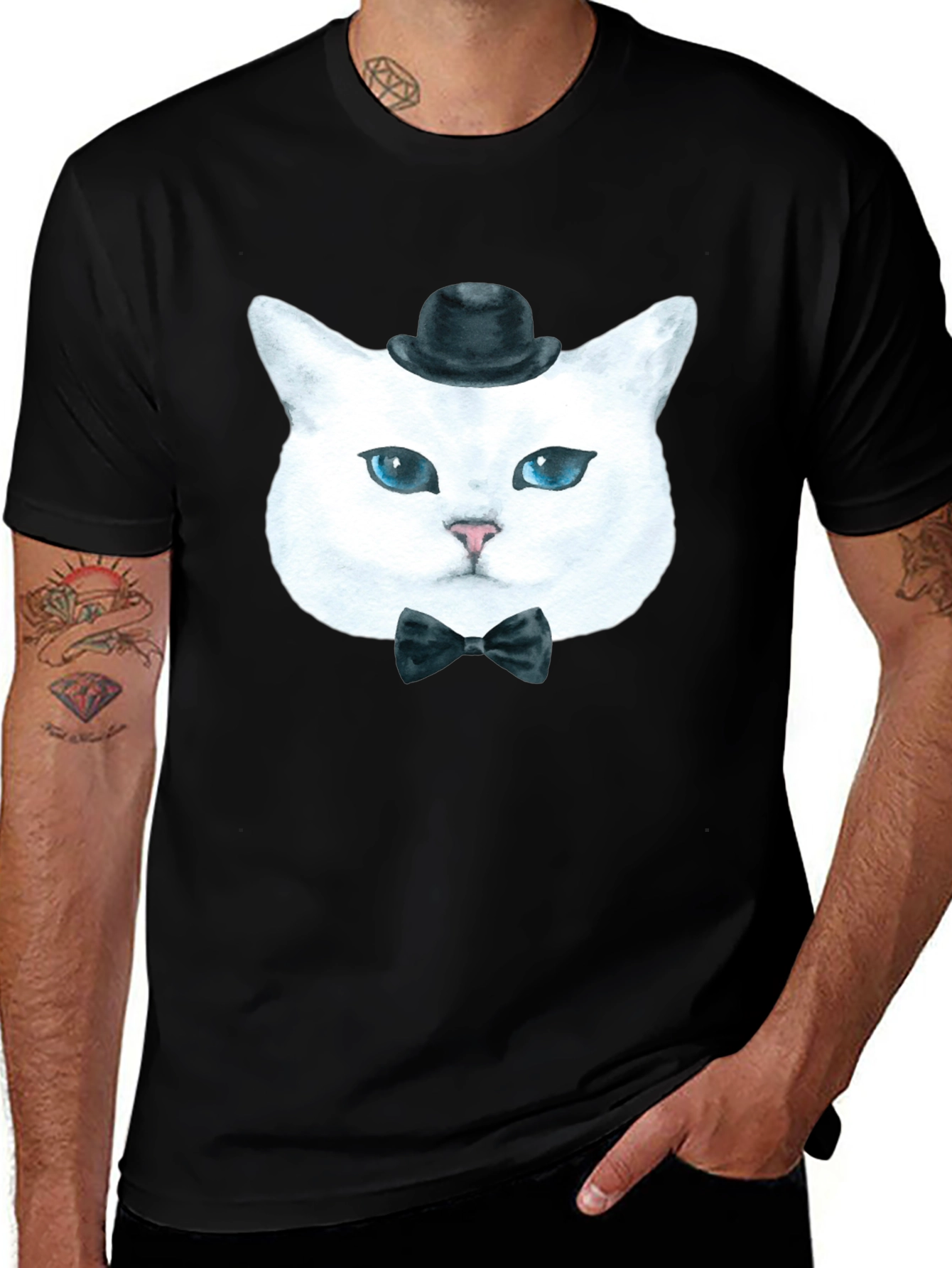 Variant 25 of Dapper Cat T-Shirt: Classy Feline in Bow Tie & Hat