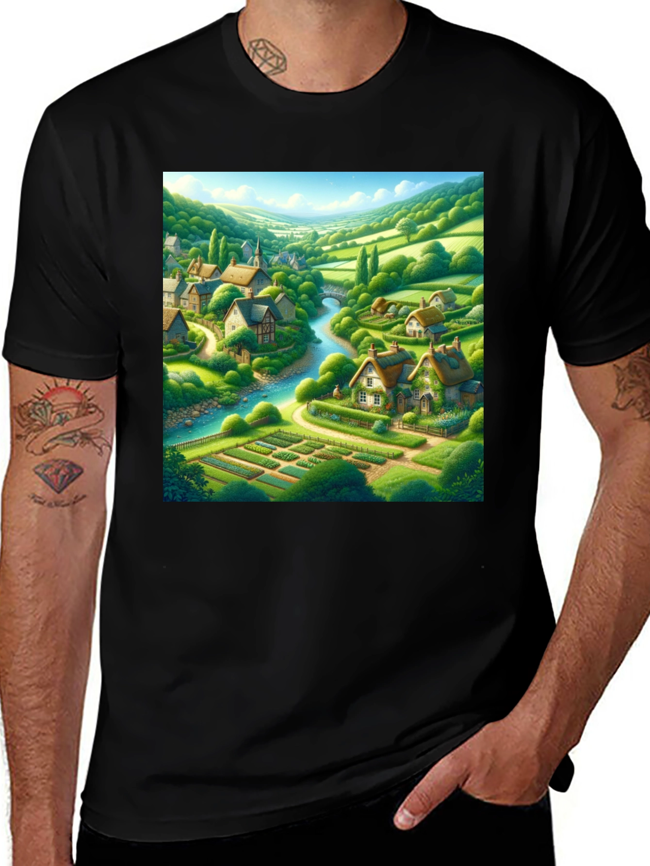 Black Quaint Village T-Shirt - Scenic Landscape Tee main image