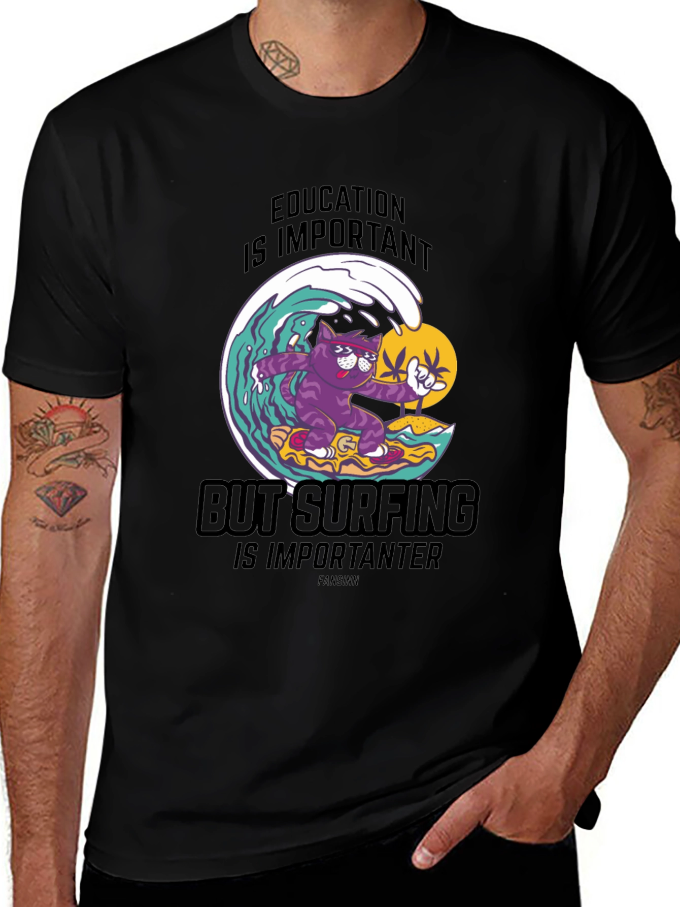 Variant 5 of Surfing Cat T-Shirt - Education is Important Graphic Tee