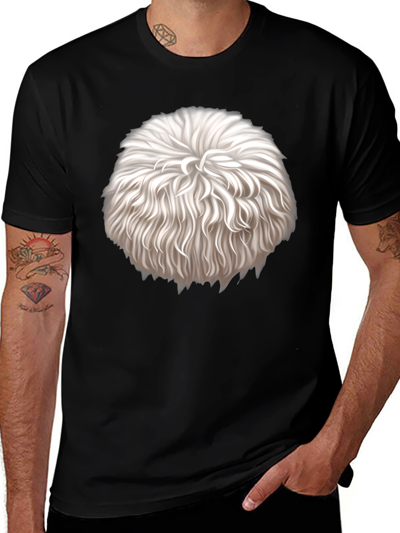 Variant 5 of Novelty Black T-Shirt with Fuzzy Round Print