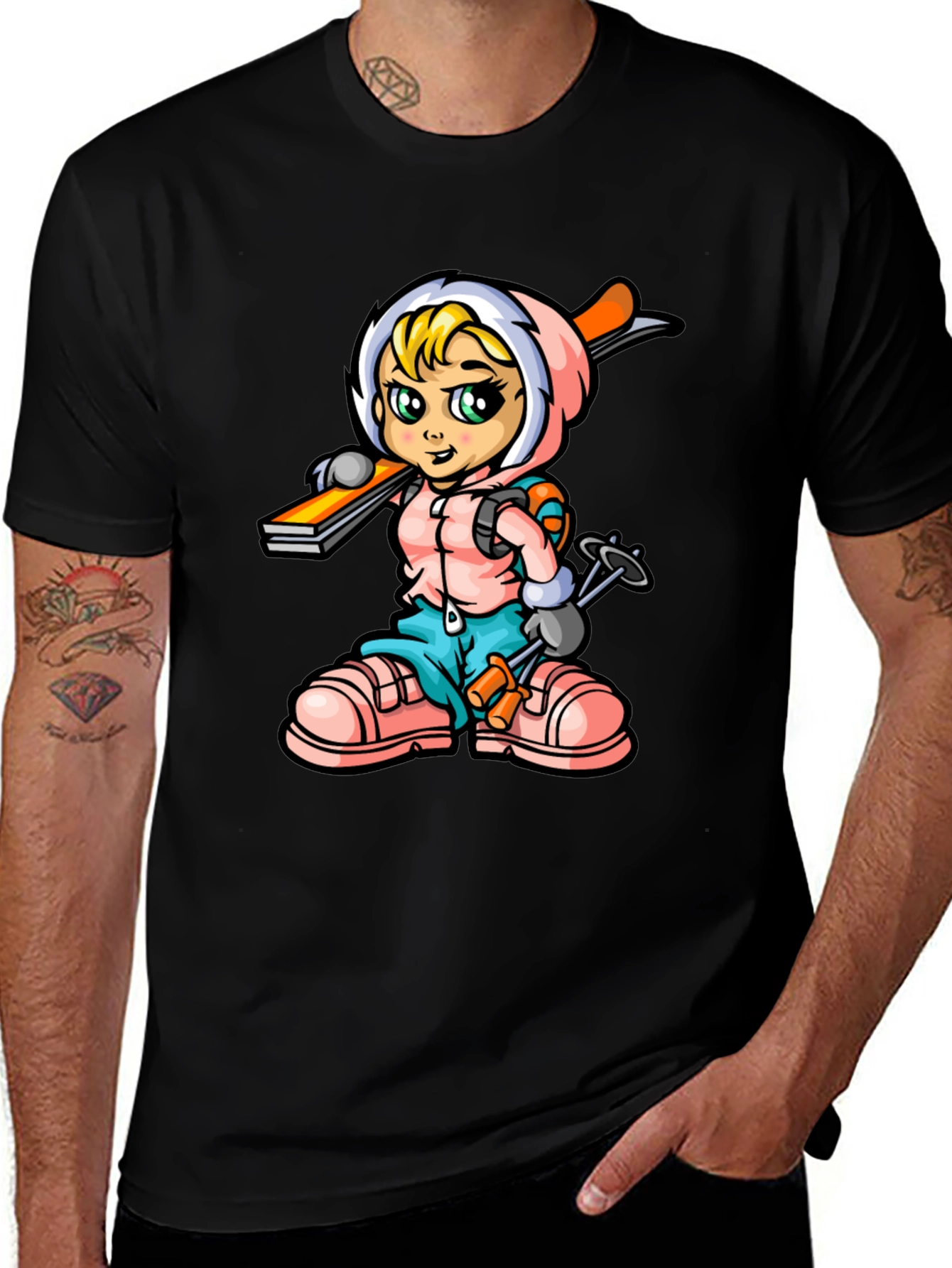 Cartoon Skier Graphic Tee - Black
