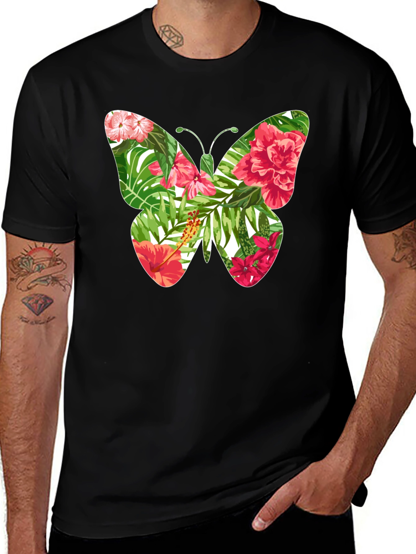 Variant 27 of Floral Butterfly Graphic Black T-Shirt