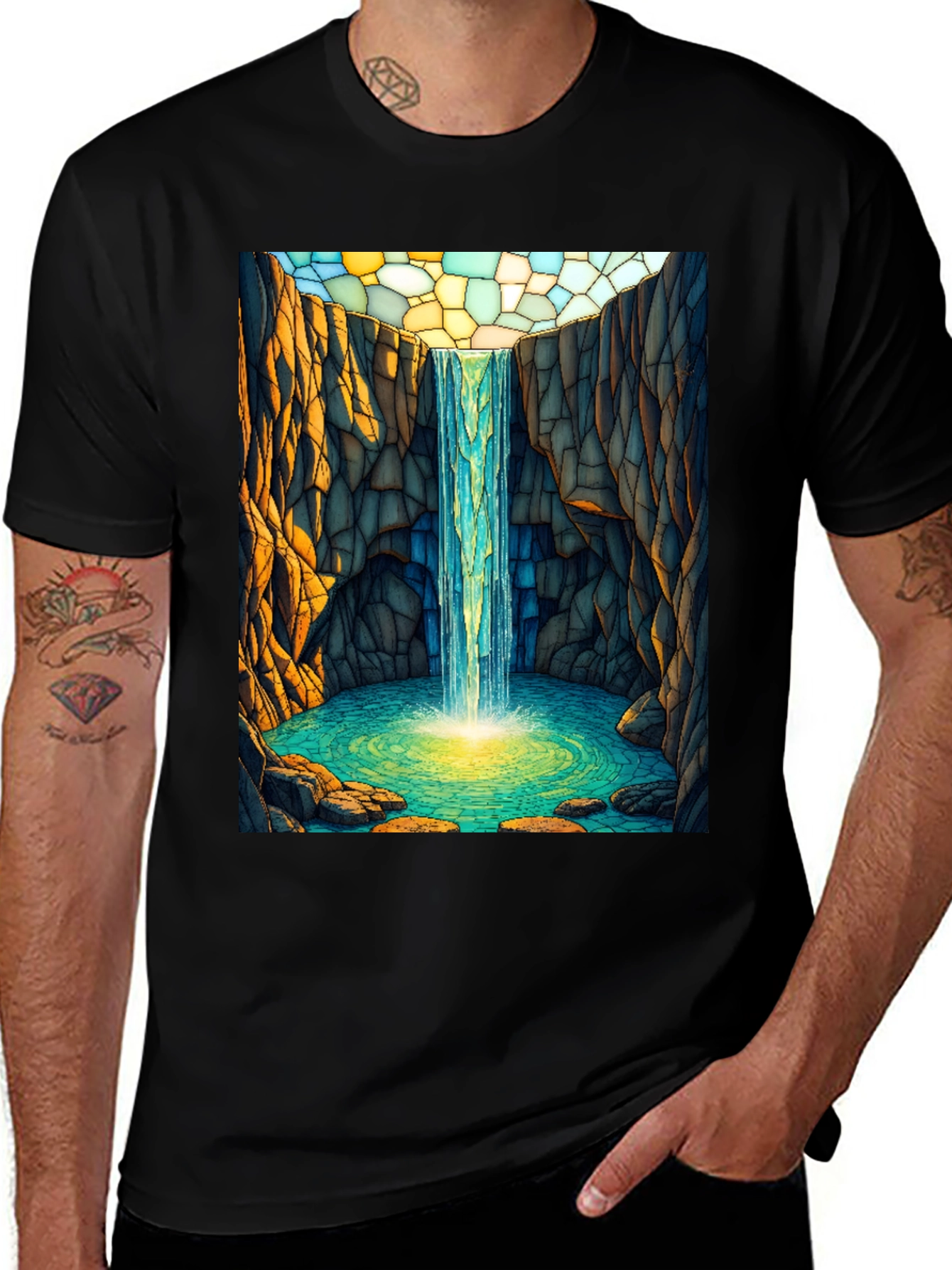 Variant 26 of Waterfall Stained Glass Art Black T-Shirt