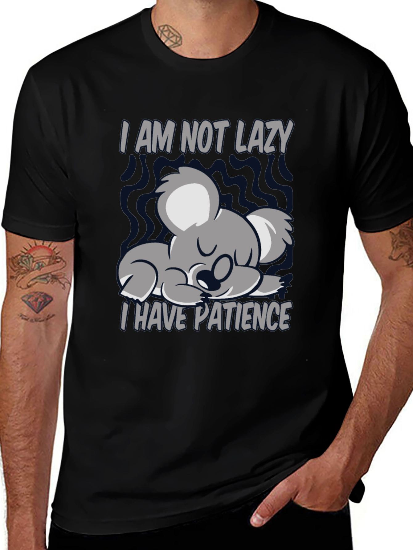 Variant 26 of Lazy Koala Patience Graphic Tee - Men's Black T-Shirt