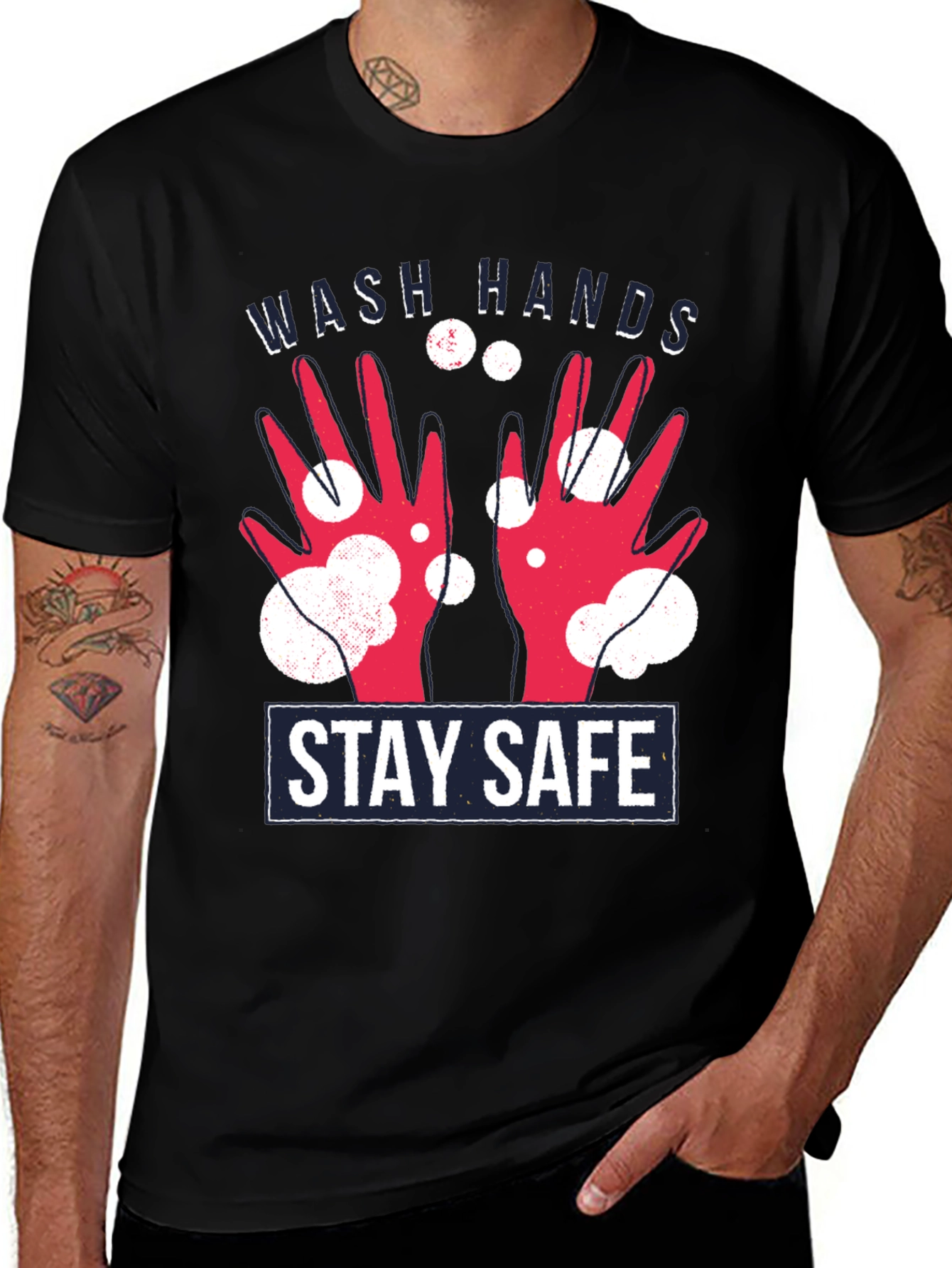 Variant 13 of Wash Hands Stay Safe T-Shirt - Black Graphic Tee