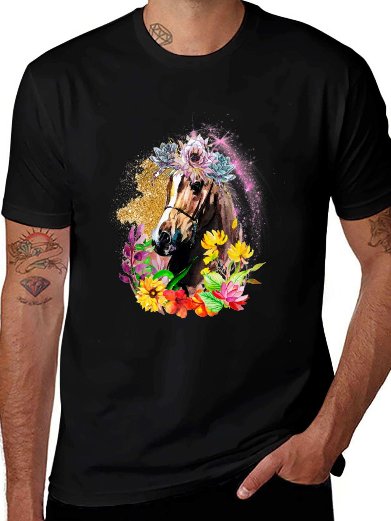 Variant 15 of Floral Horse Graphic Tee - Black Unisex T-Shirt