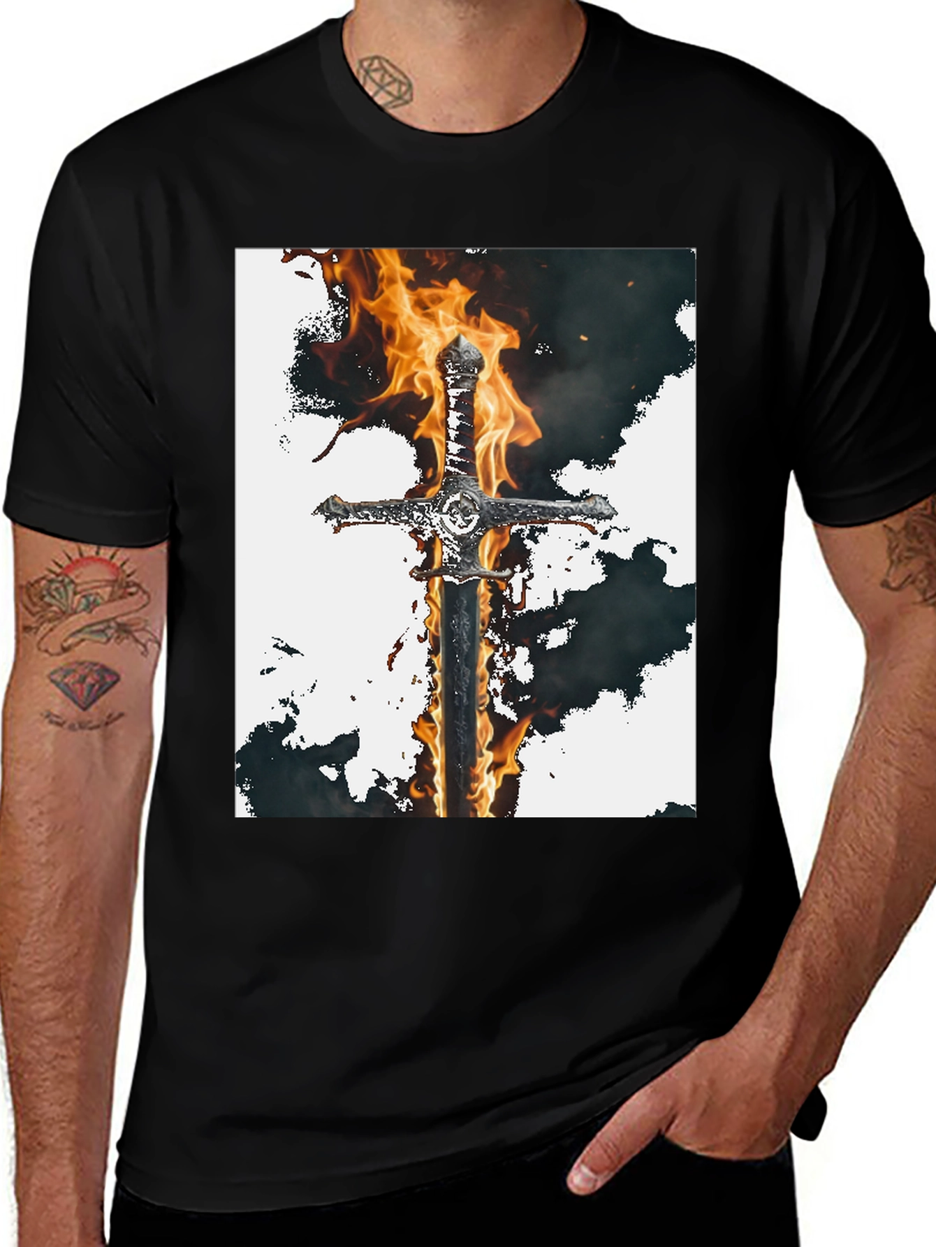 Variant 17 of Fiery Sword Graphic Tee - Black