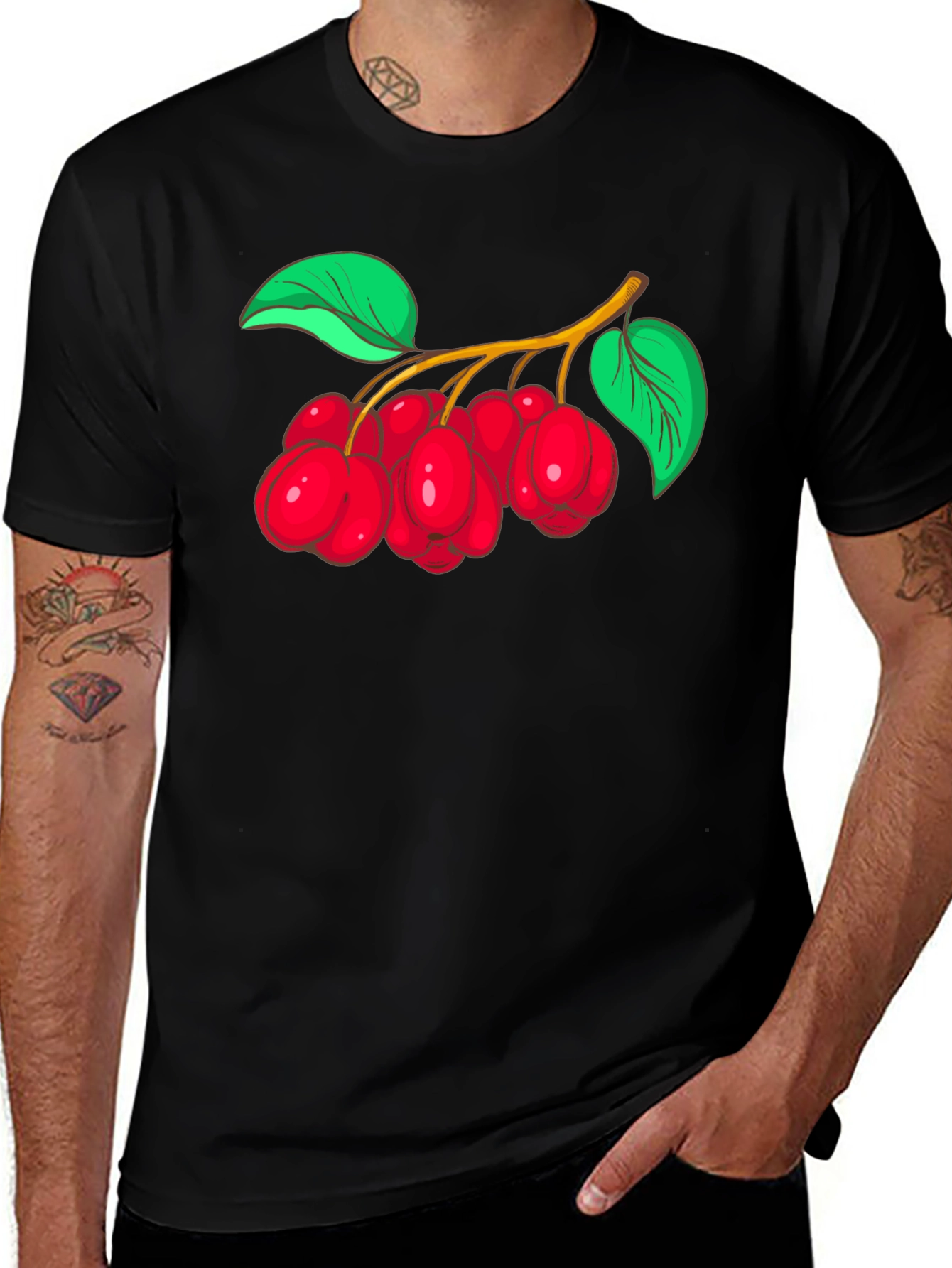 Cartoon Cherry Branch Black T-Shirt