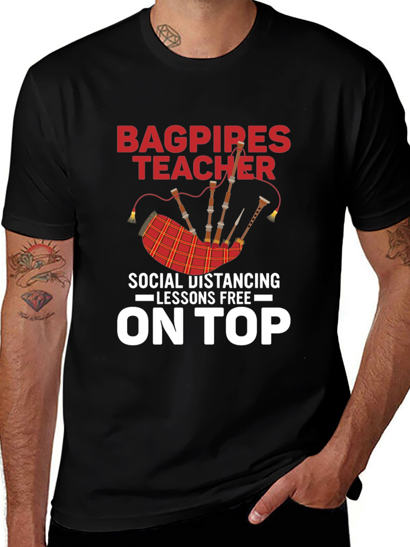 Black Bagpipes Teacher T-Shirt: Social Distancing Lessons main image