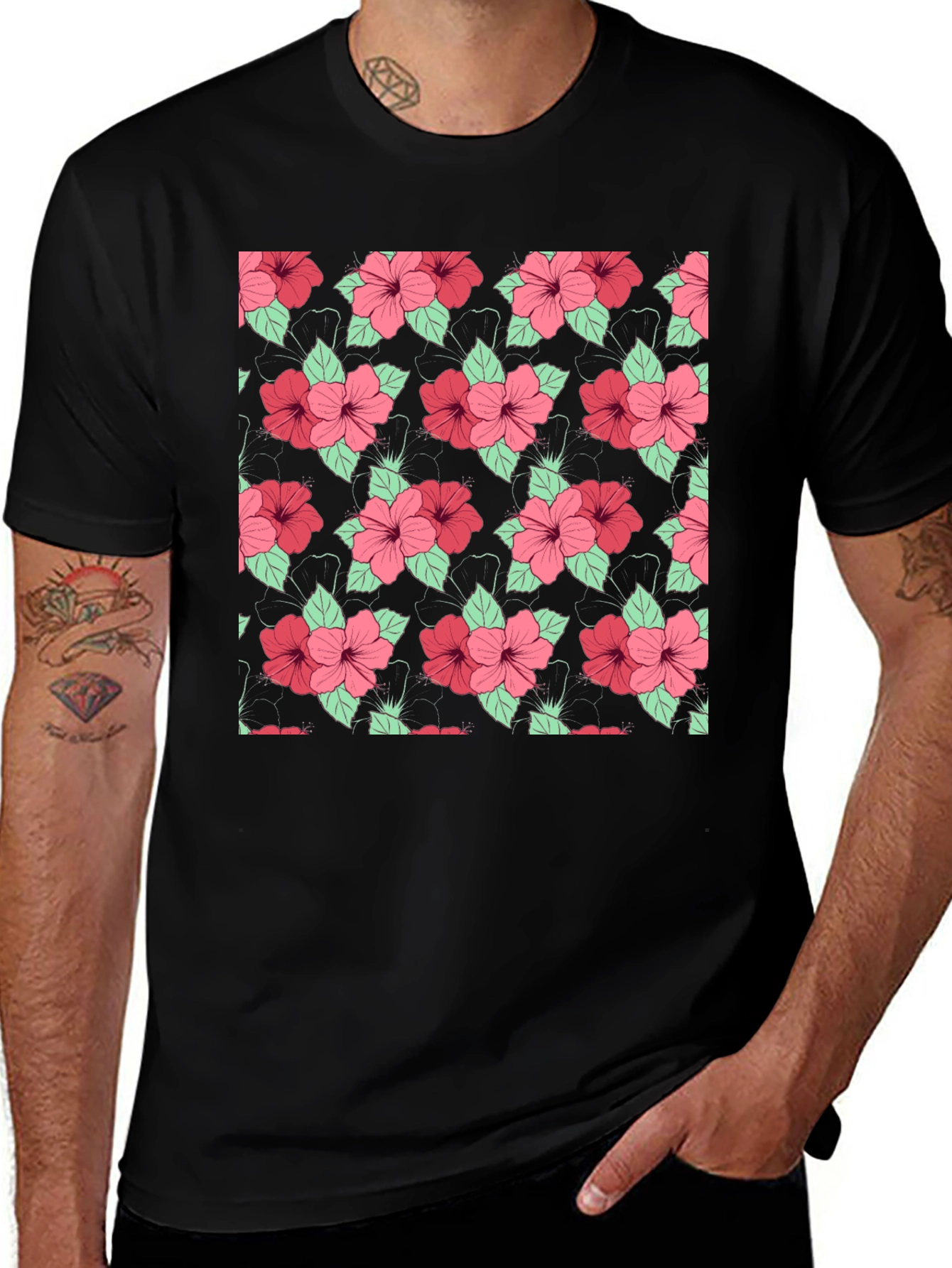 Variant 28 of Floral Hibiscus Pattern Black T-Shirt