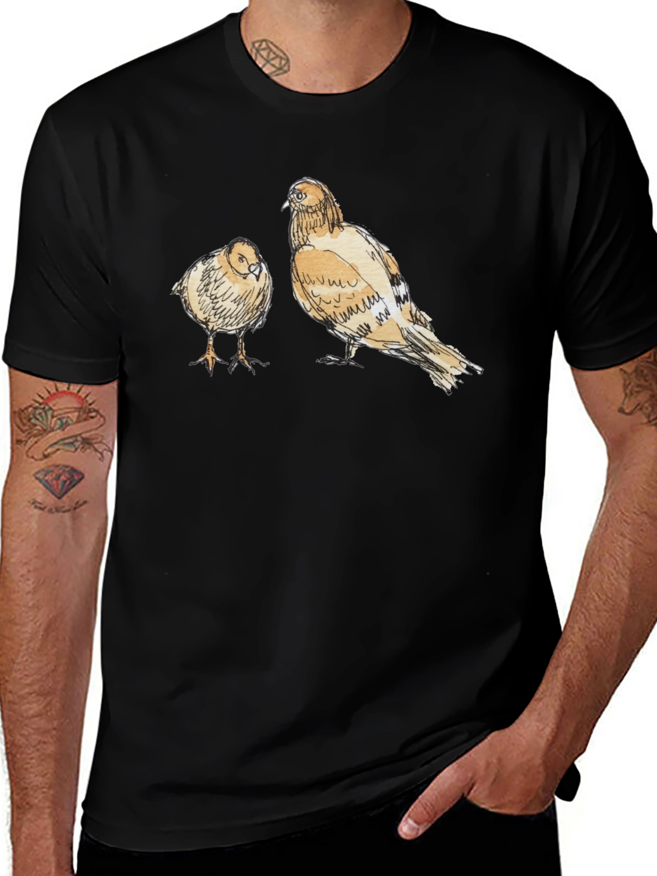 Variant 23 of Pigeon Sketch T-Shirt - Black Cotton Tee with Bird Design