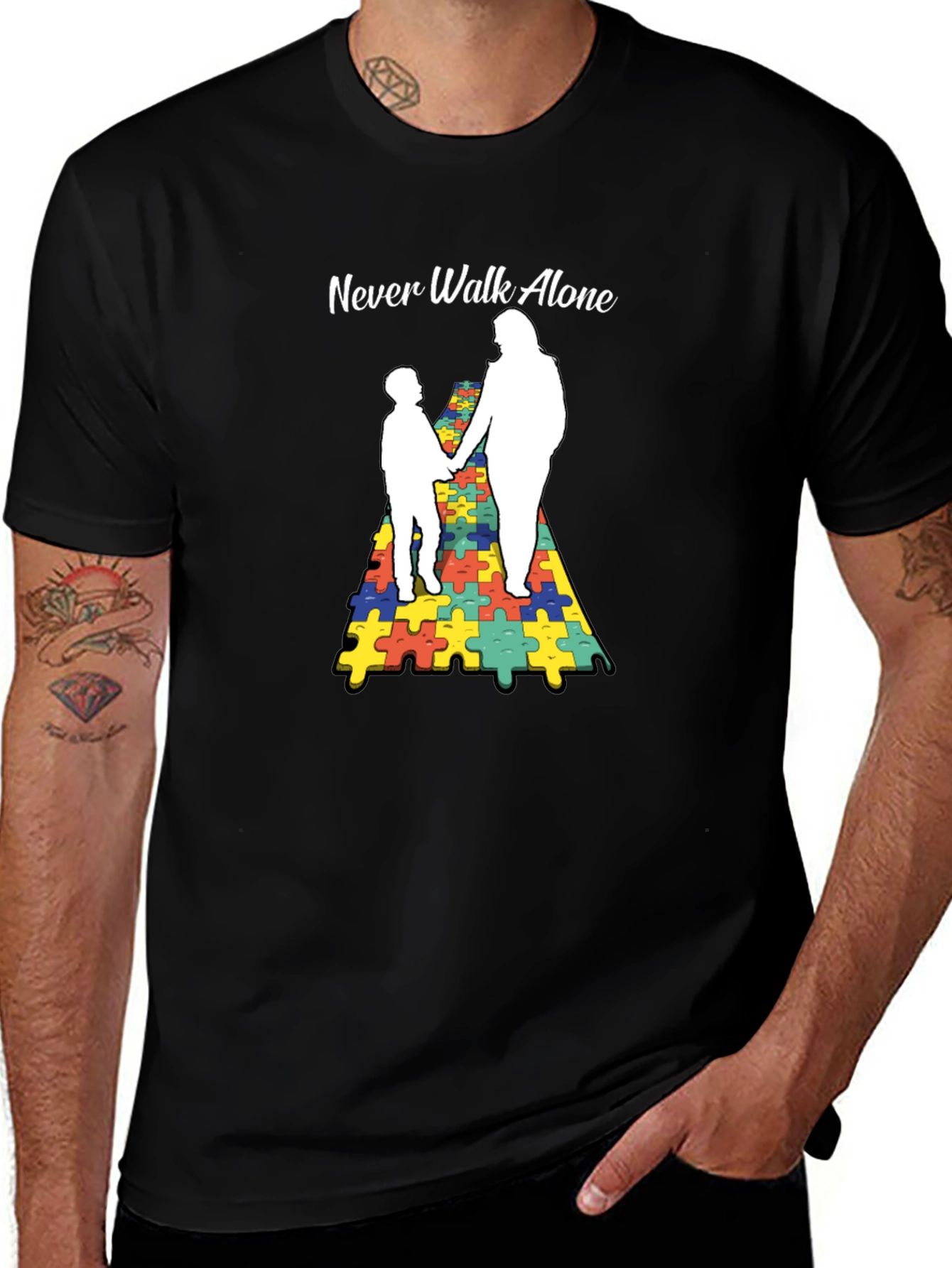 Variant 28 of Autism Awareness Tee: Never Walk Alone Puzzle Graphic