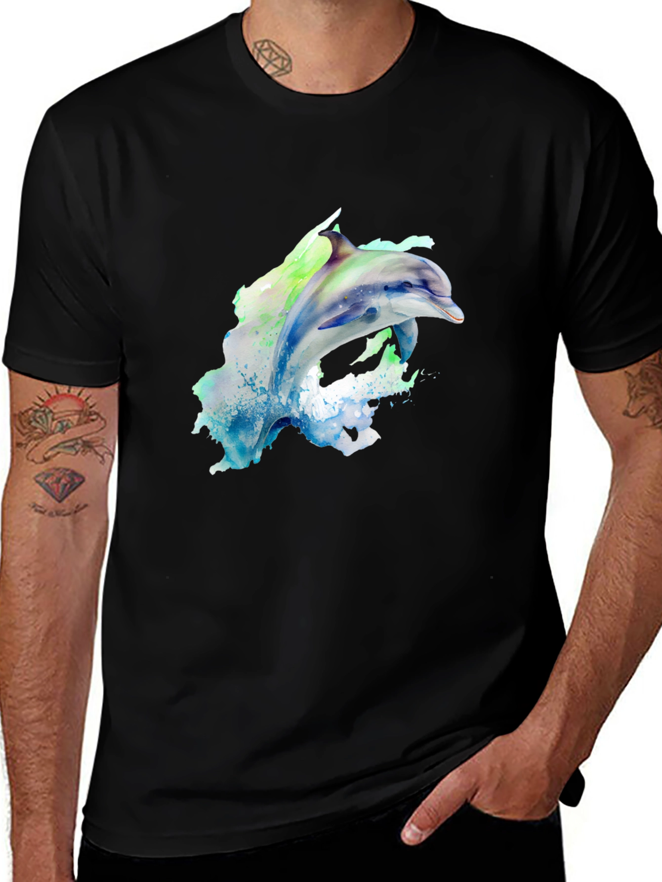 Variant 6 of Watercolor Dolphin Graphic Tee - Black Cotton T-Shirt