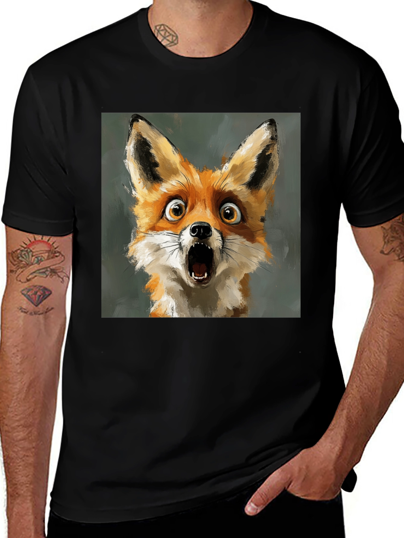 Variant 17 of Surprised Fox Graphic Tee - Black Cotton T-Shirt