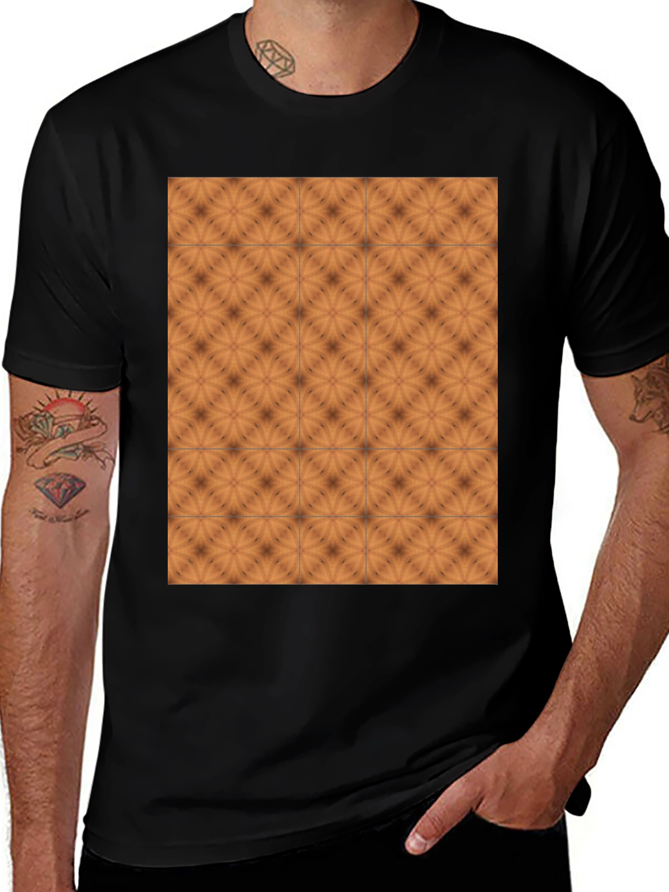 Variant 23 of Geometric Tile Print Black Crew Neck Tee