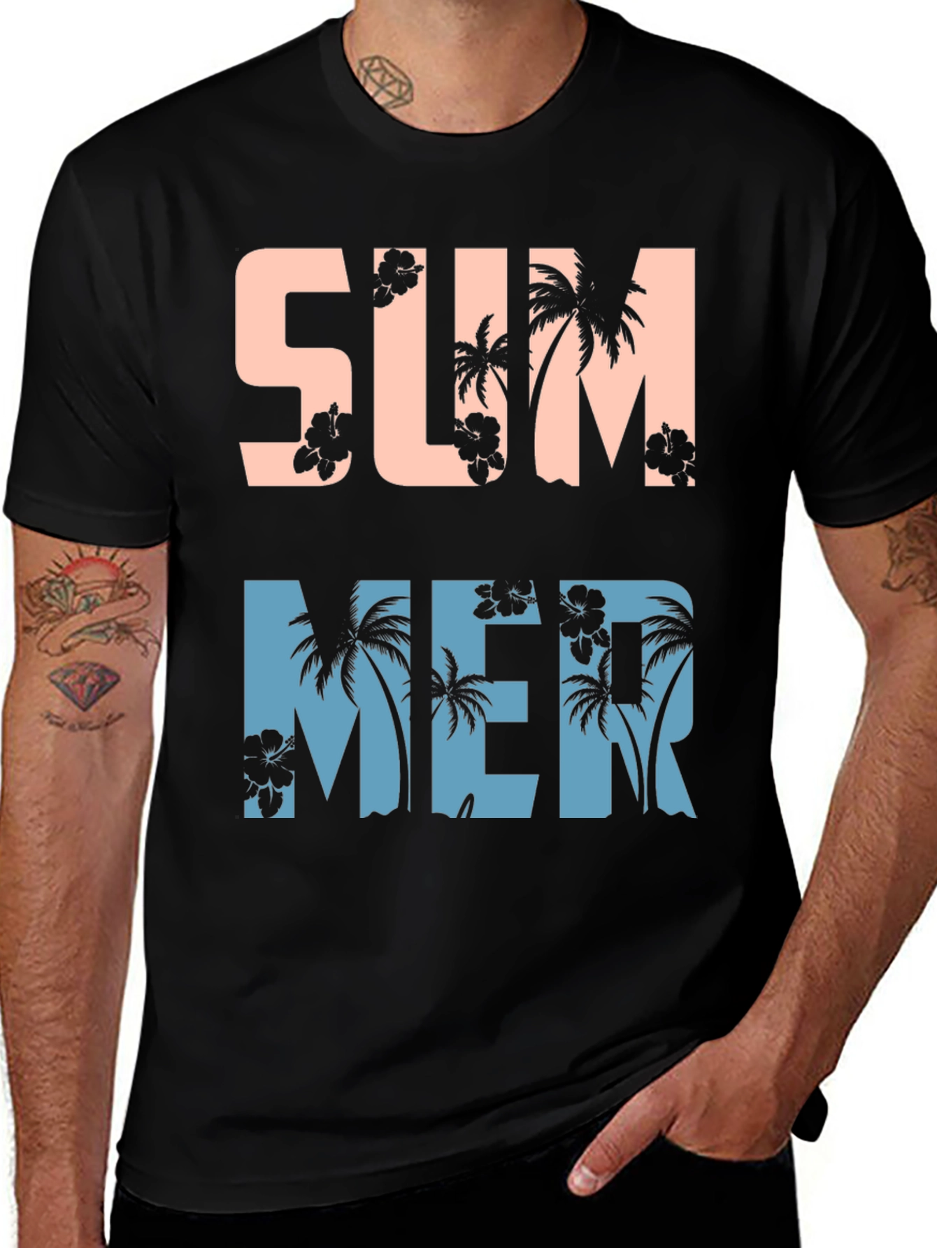Variant 10 of Tropical Summer Graphic Tee - Black Cotton Blend Shirt