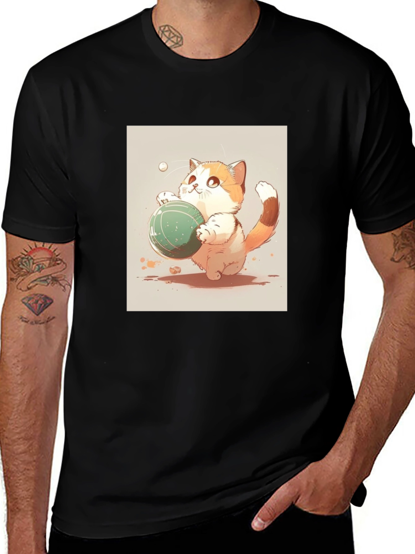 Variant 8 of Cute Cat Playing Ball Black T-Shirt