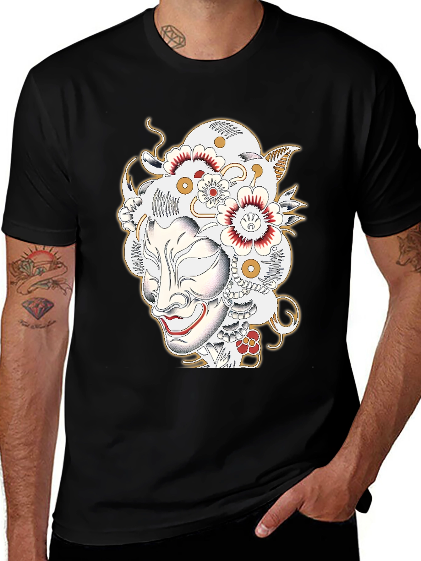 Black T-Shirt with Japanese Mask Design