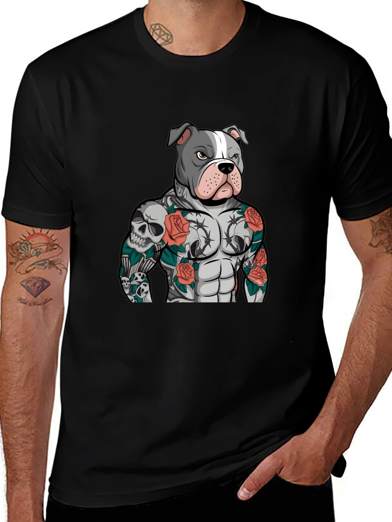Pitbull Tattoo Art Black T-Shirt