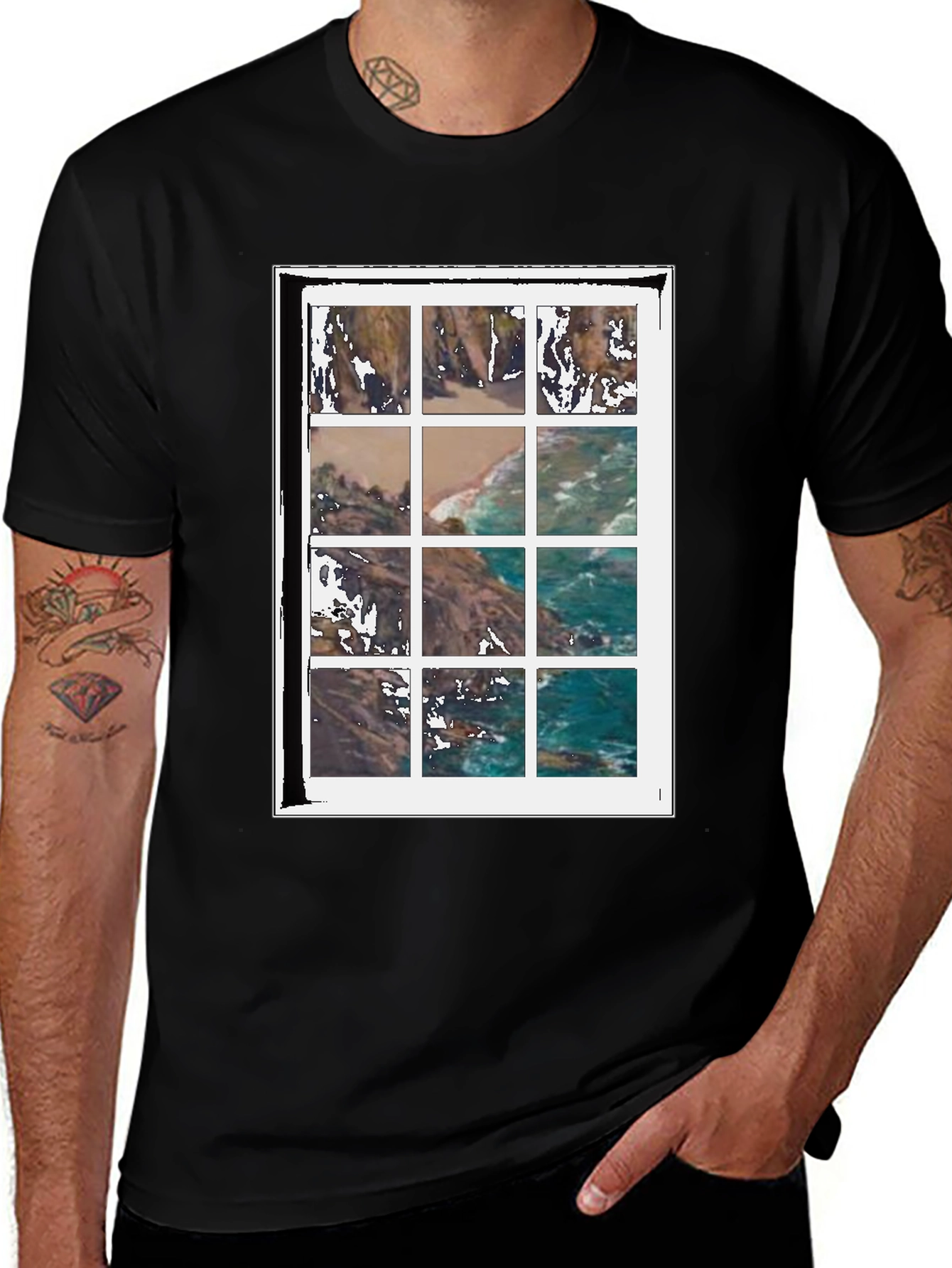 Variant 23 of Coastal View Grid Print Black T-Shirt