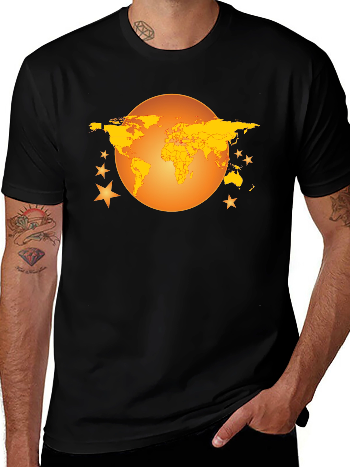 Variant 29 of World Map & Stars Black T-Shirt - Global Explorer Style
