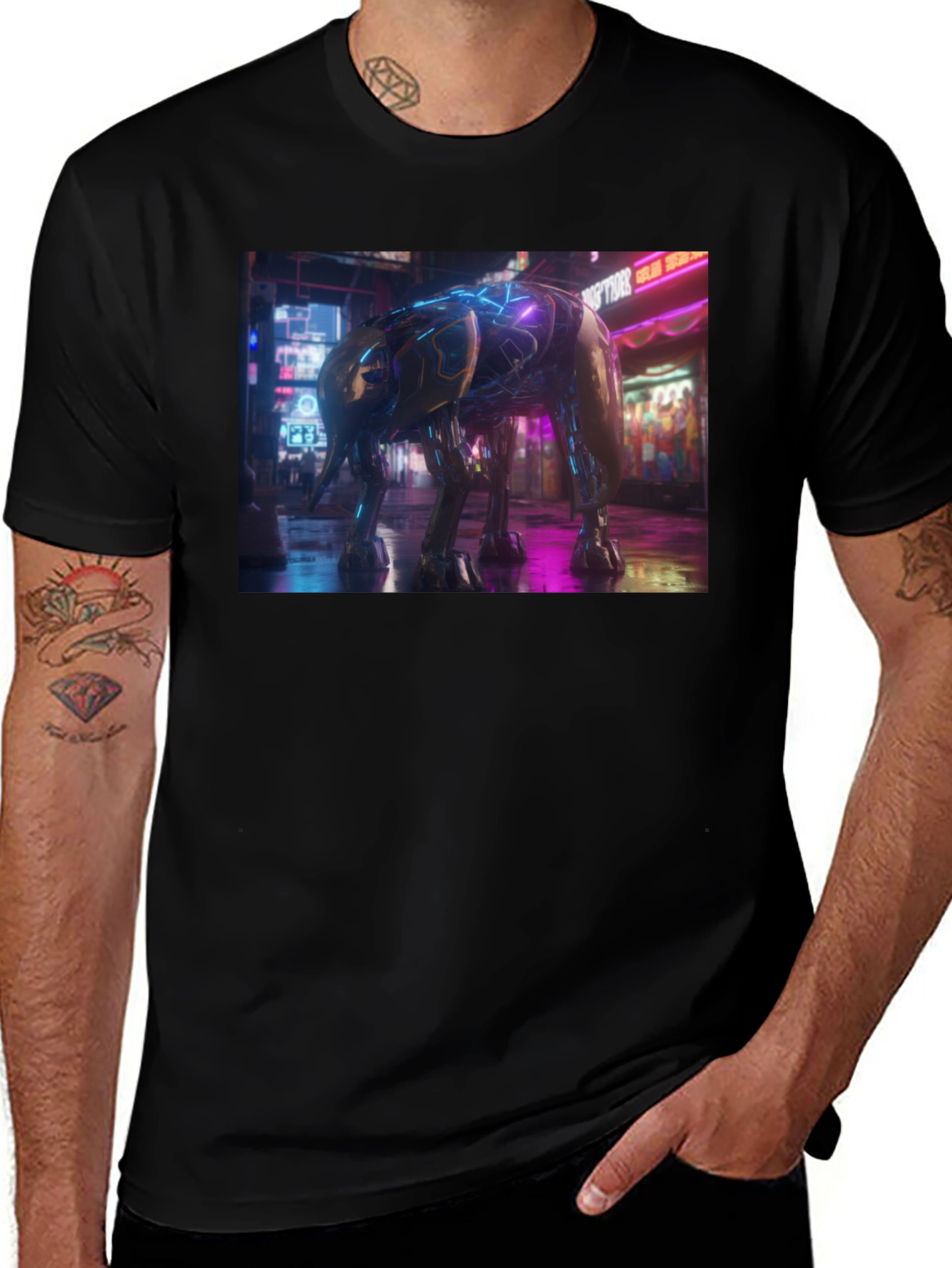 Variant 17 of Cyberpunk Elephant Graphic Tee - Black