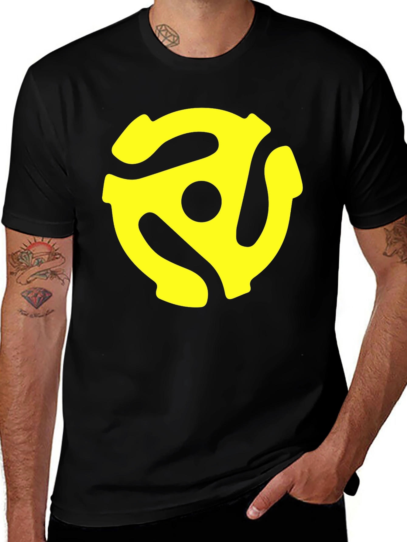 Black T-Shirt with Yellow 45 RPM Adapter Graphic