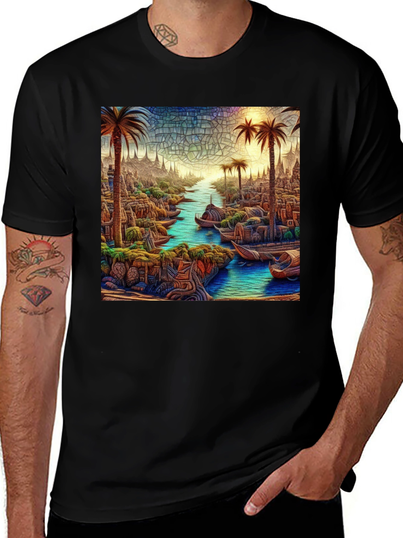 Variant 25 of Tropical Mosaic Art Tee - Men's Black T-Shirt
